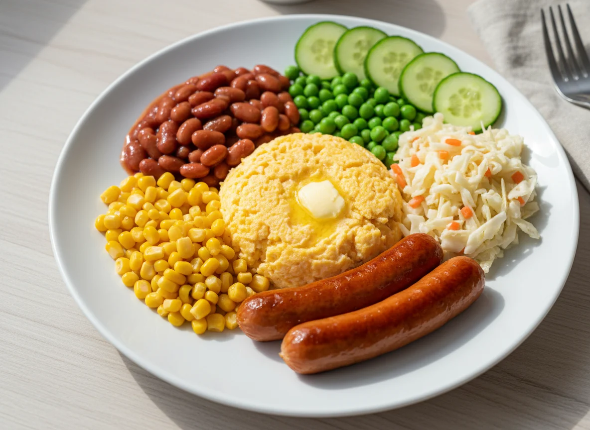 Завтрак с сосисками и гарнирами photo