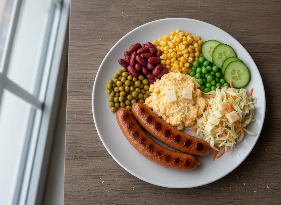 Завтрак с сосисками и гарниром photo