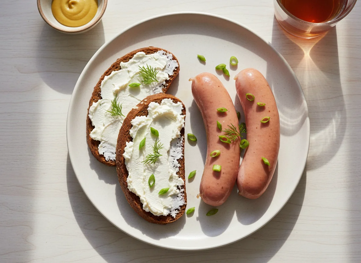Завтрак с сосисками и хлебом со сливочным сыром photo