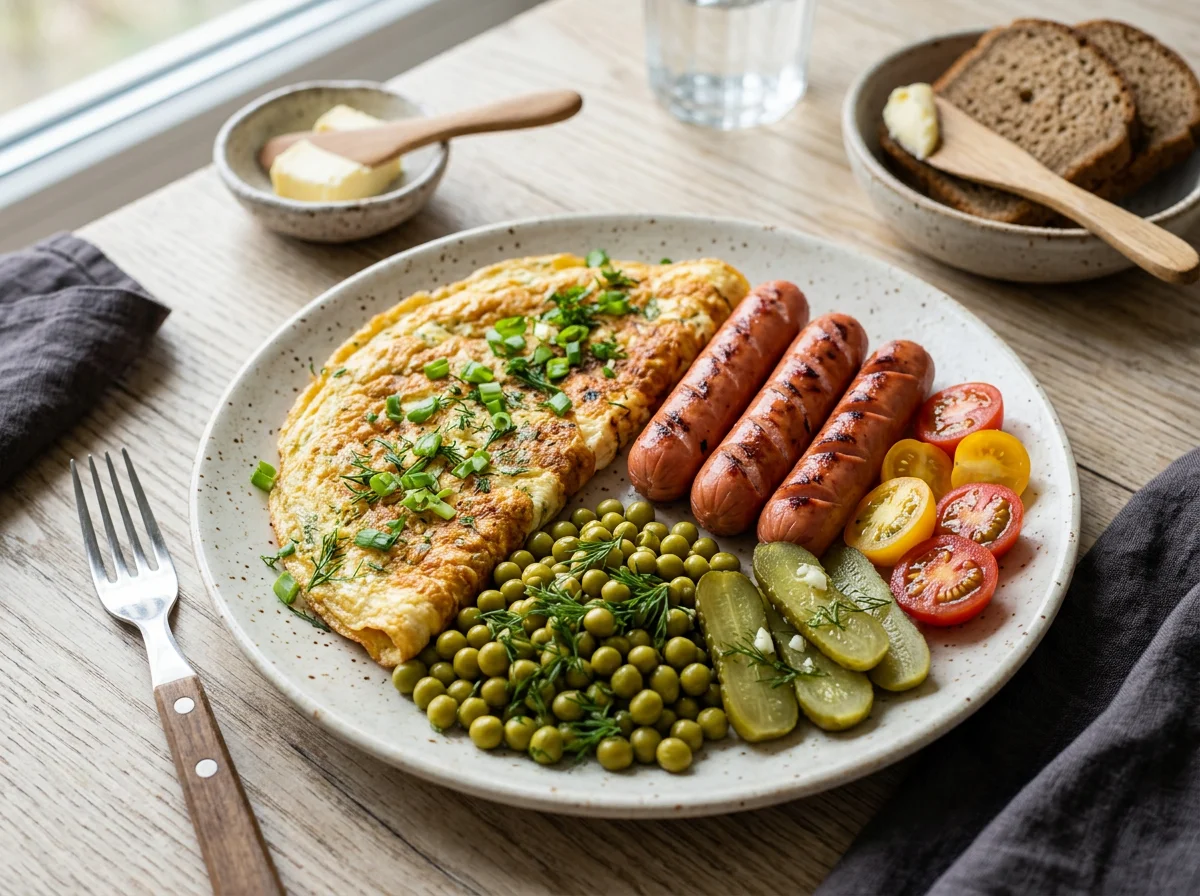 Завтрак с сосисками и омлетом photo