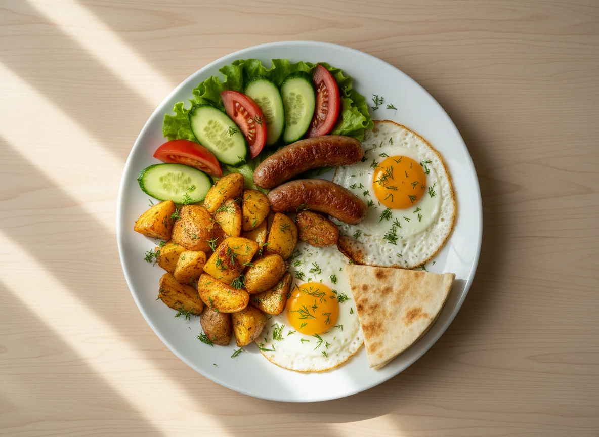 Завтрак с сосисками, картофелем и овощами photo