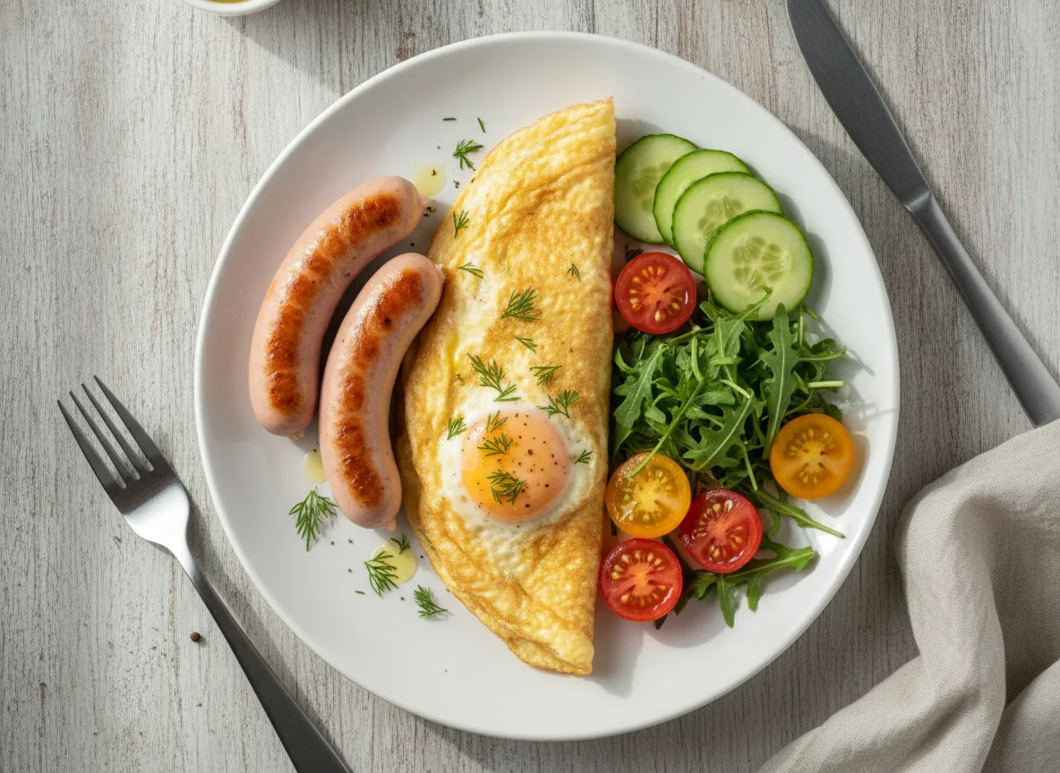 Завтрак с сосисками, омлетом и овощами photo