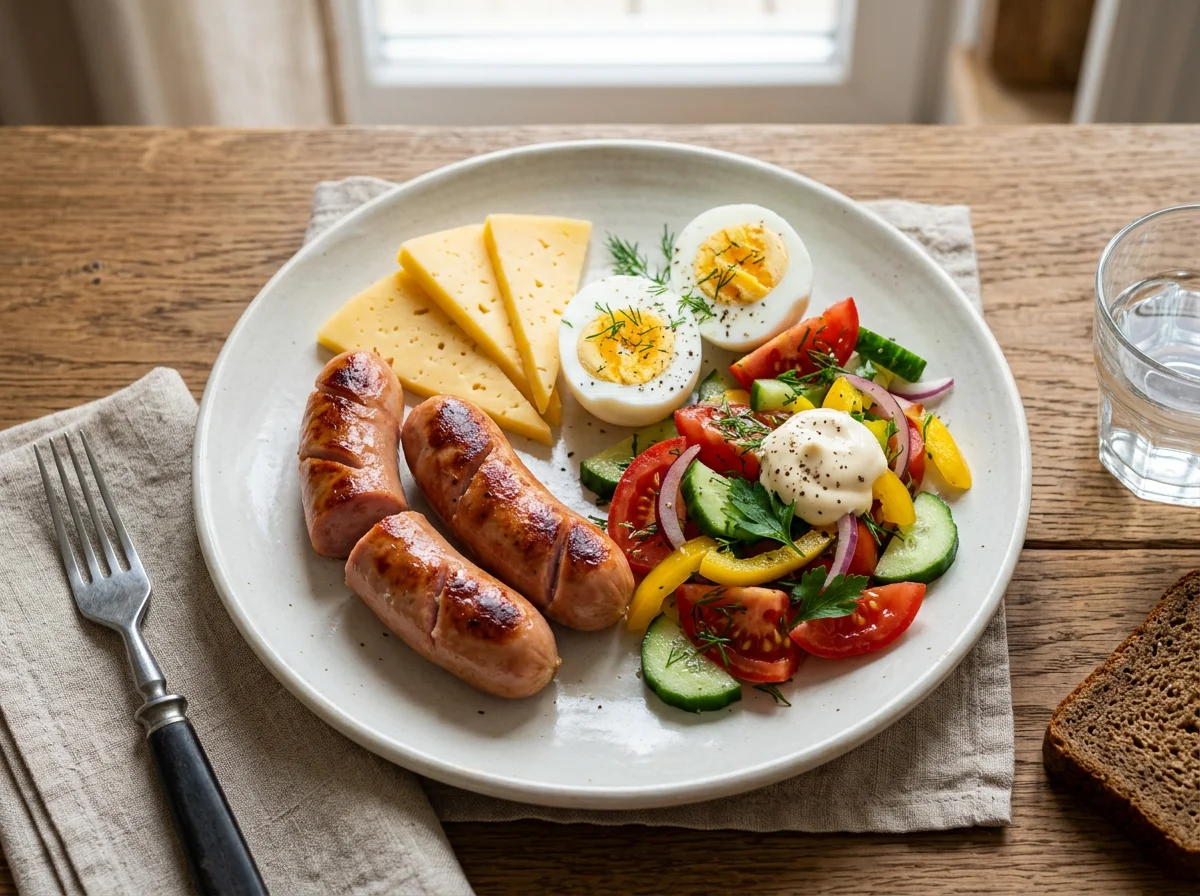 Завтрак с сосисками, сыром, яйцами и овощным салатом photo