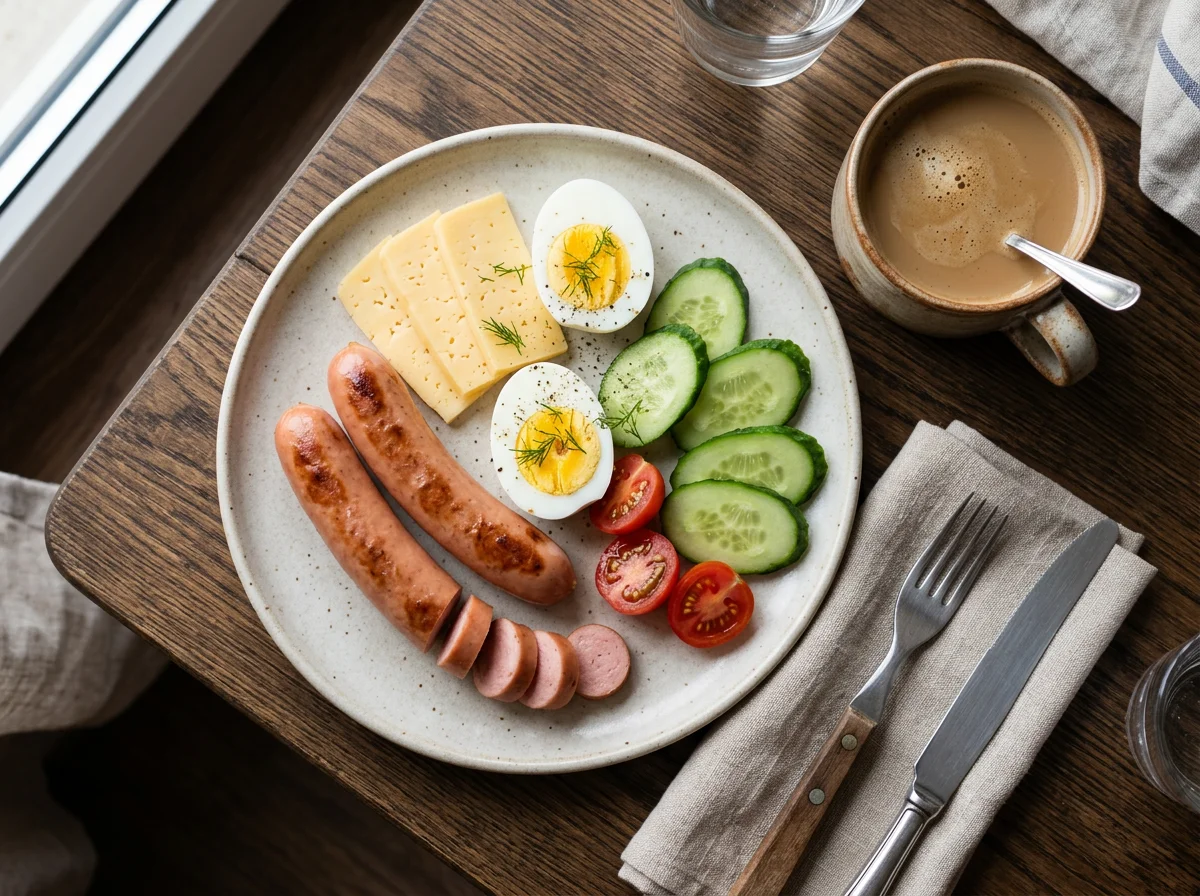 Завтрак с сосисками, сыром и яйцами photo