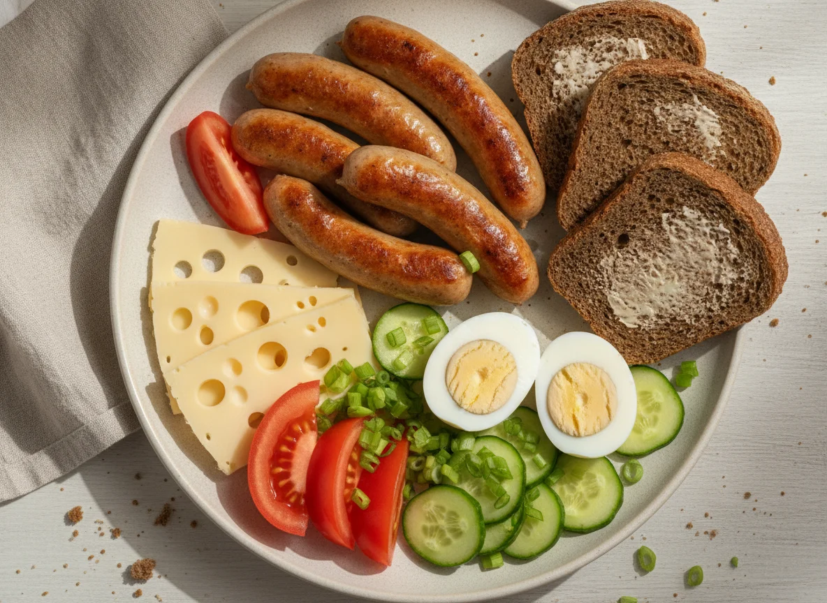 Завтрак с сосисками, сыром и овощами photo