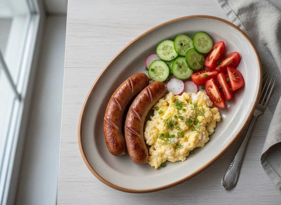 Завтрак с сосиской, яичницей и овощами photo