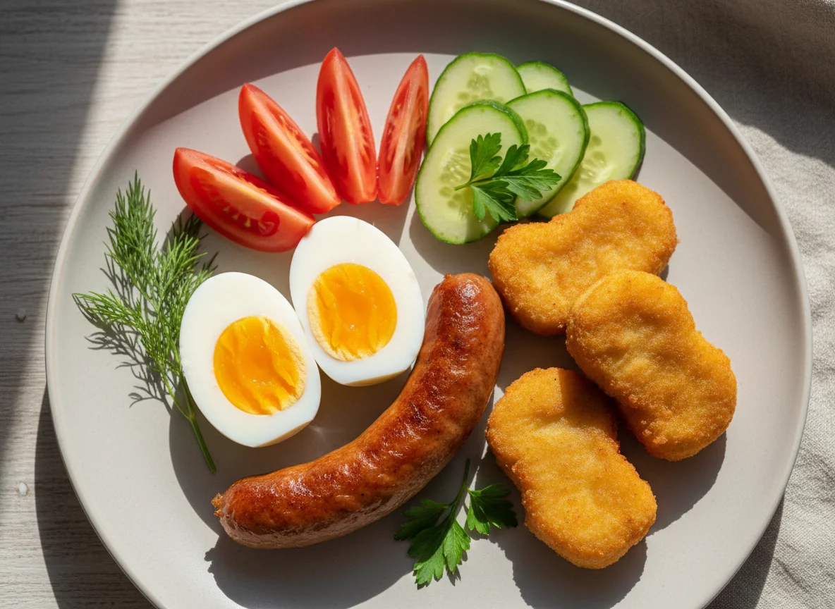 Завтрак с сосиской, яйцами и овощами photo