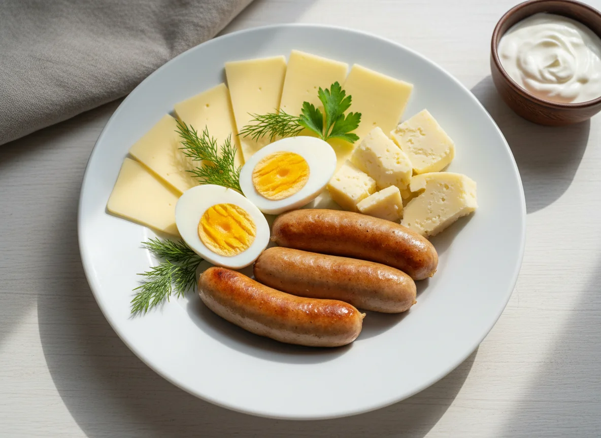 Завтрак с сосиской, яйцами и сыром photo