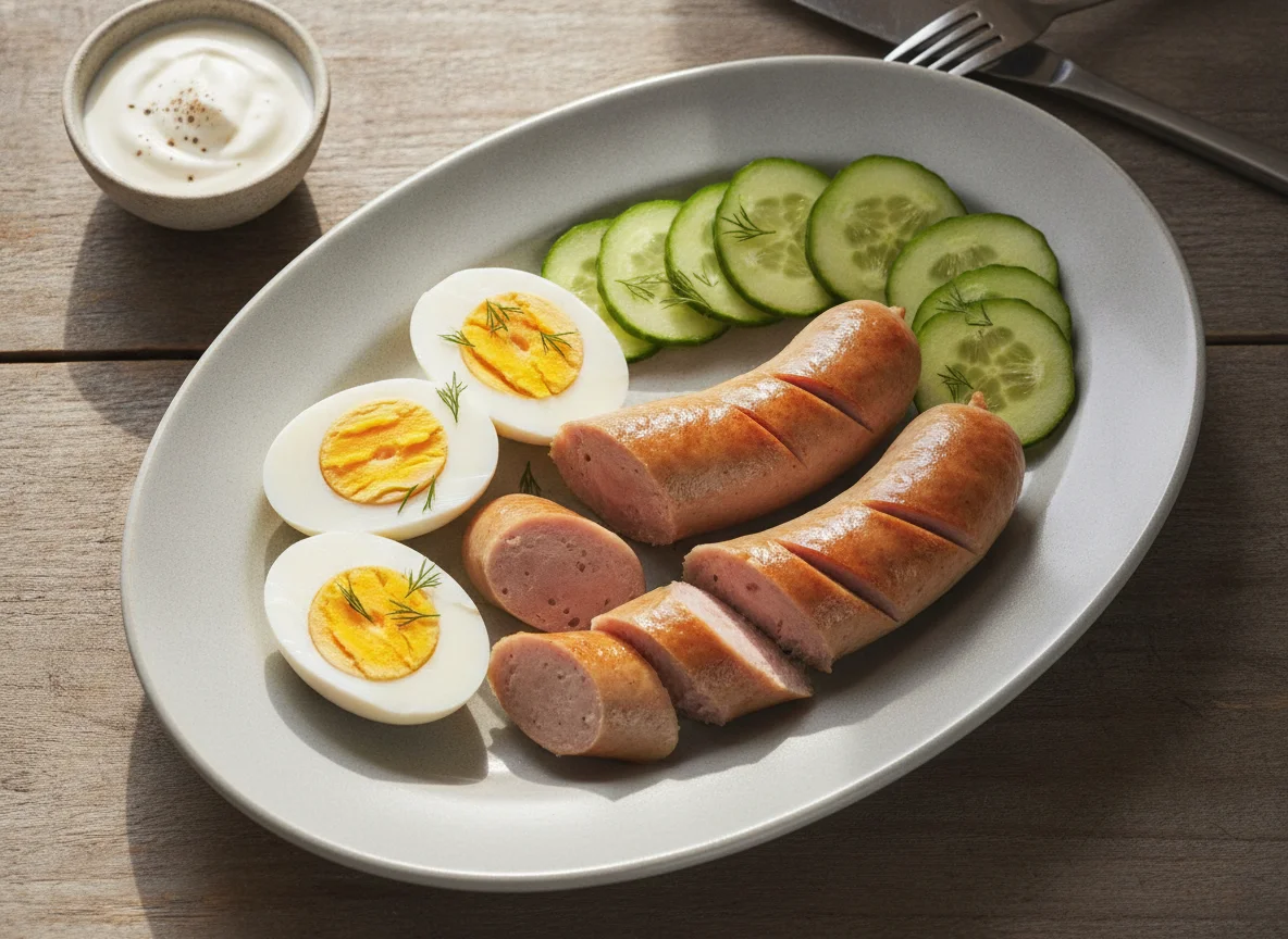 Завтрак с сосиской, яйцом и огурцом photo