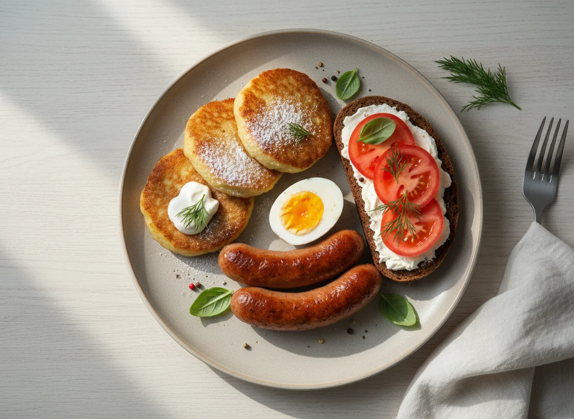 Завтрак с сосиской, яйцом и оладьями photo