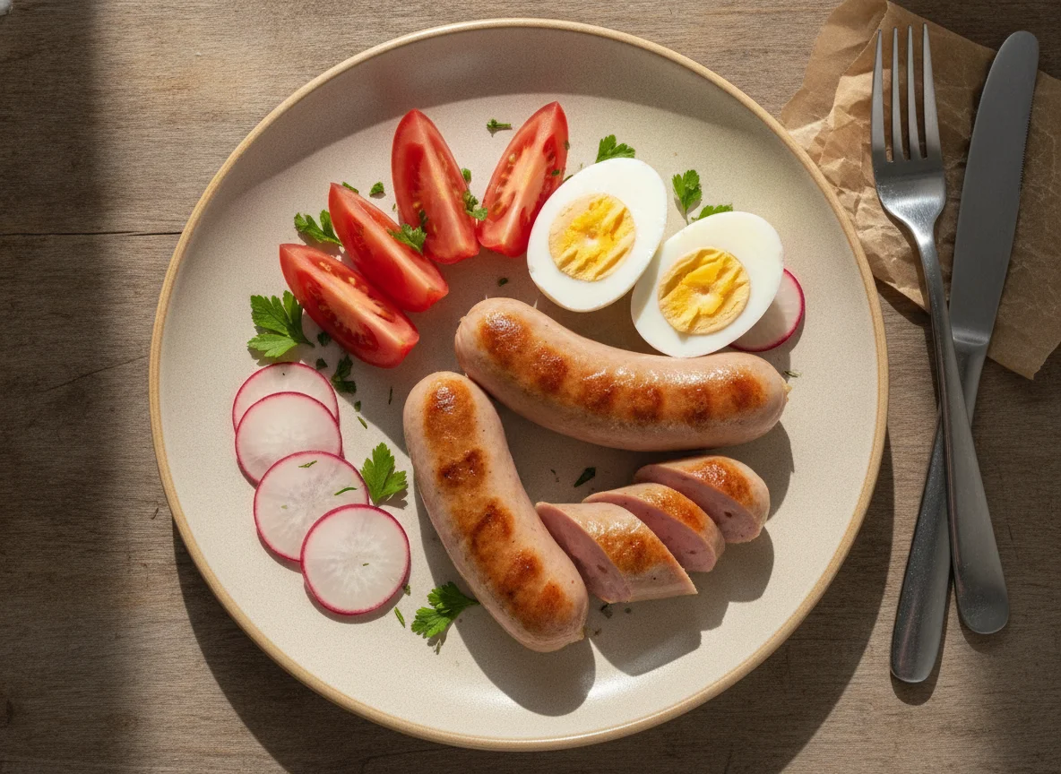 Завтрак с сосиской, яйцом и овощами photo