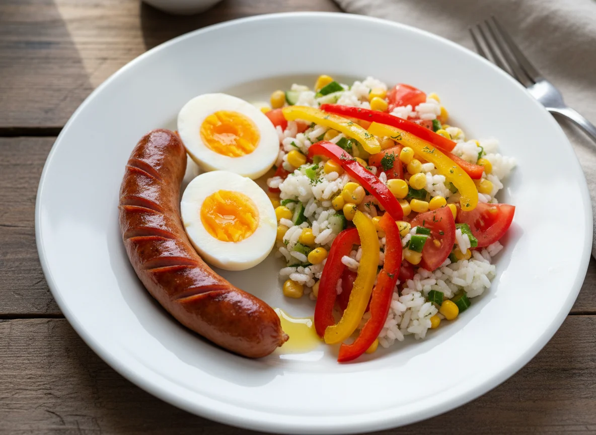 Завтрак с сосиской, яйцом и овощным салатом photo