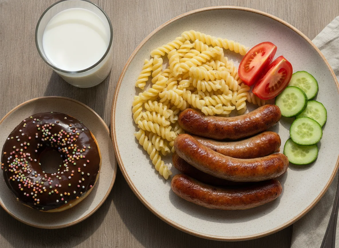 Завтрак с сосиской, макаронами и пончиками photo