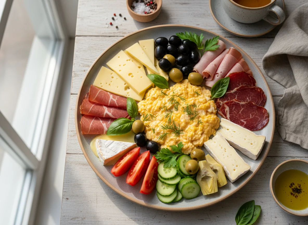 Завтрак с сырами, мясной нарезкой и овощами photo