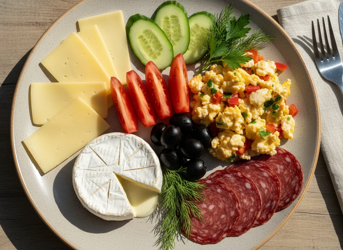 Завтрак с сырами, мясными деликатесами и овощами photo