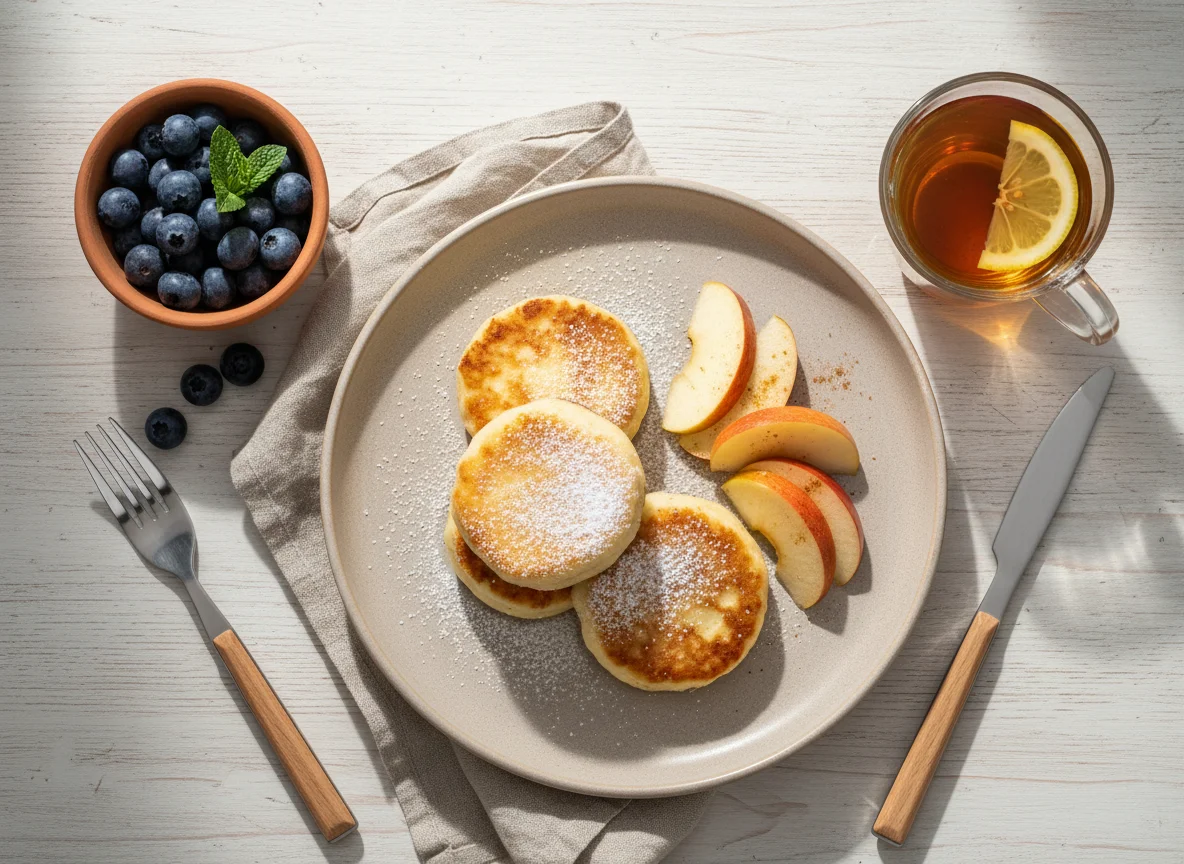 Завтрак с сырниками, яблоками и чаем photo