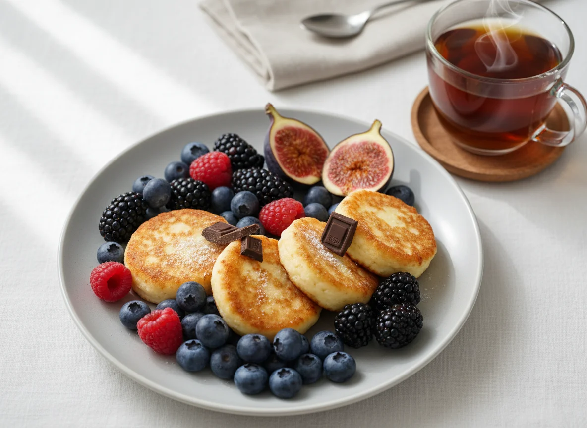 Завтрак с сырниками, ягодами и чаем photo