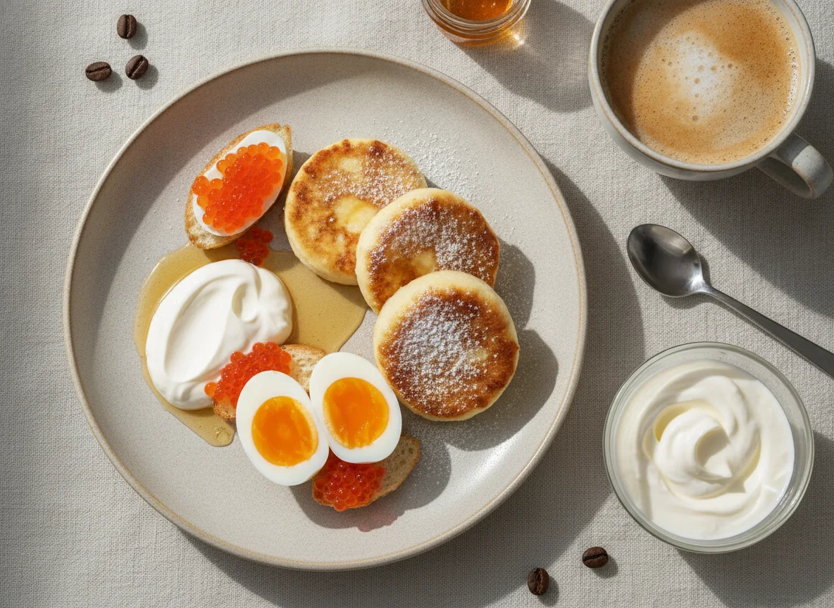 Завтрак с сырниками, яйцами и икрой photo