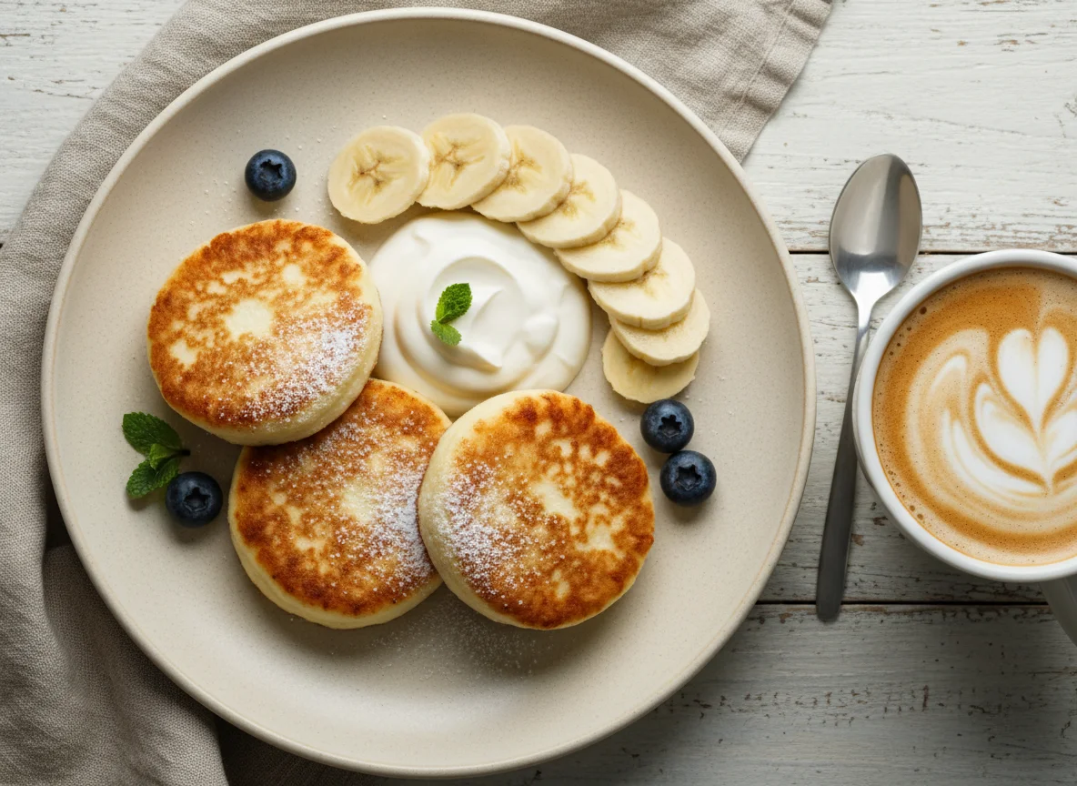 Завтрак с сырниками, бананом и кофе с молоком photo