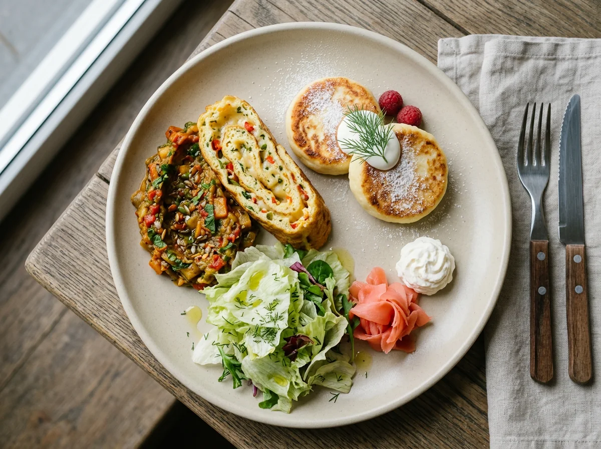 Завтрак с сырниками и омлетом photo