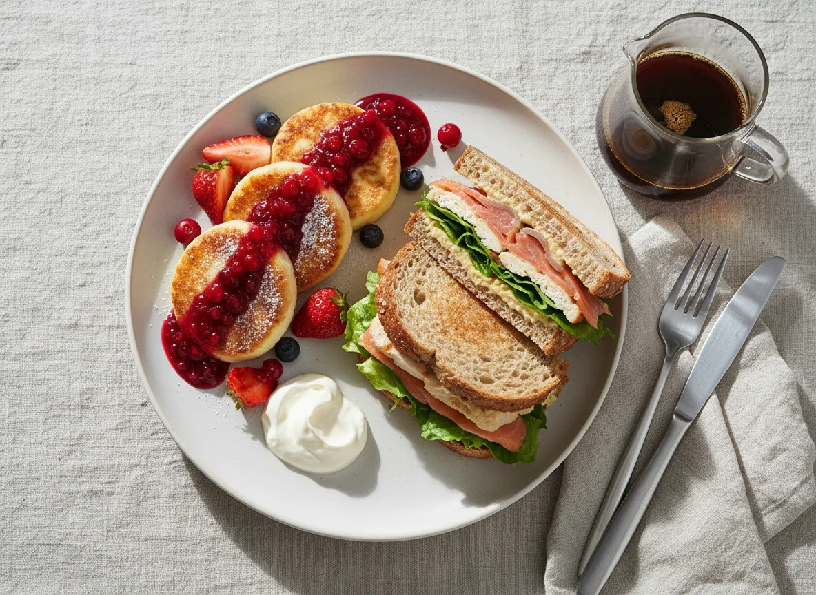 Завтрак с сырниками и сэндвичем photo