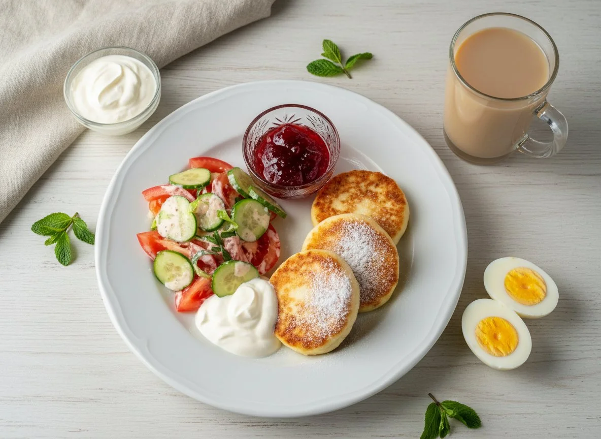 Завтрак с сырниками, салатом и яйцами photo