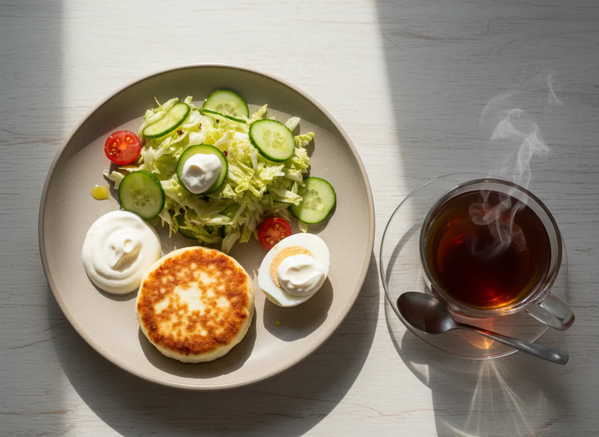 Завтрак с сырником, салатом и чаем photo