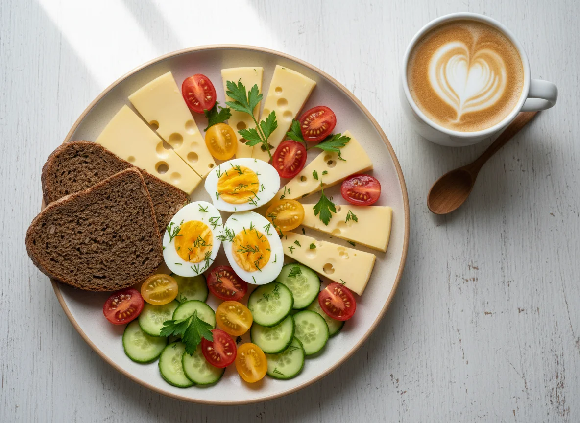 Завтрак с сыром, яйцами и овощами photo