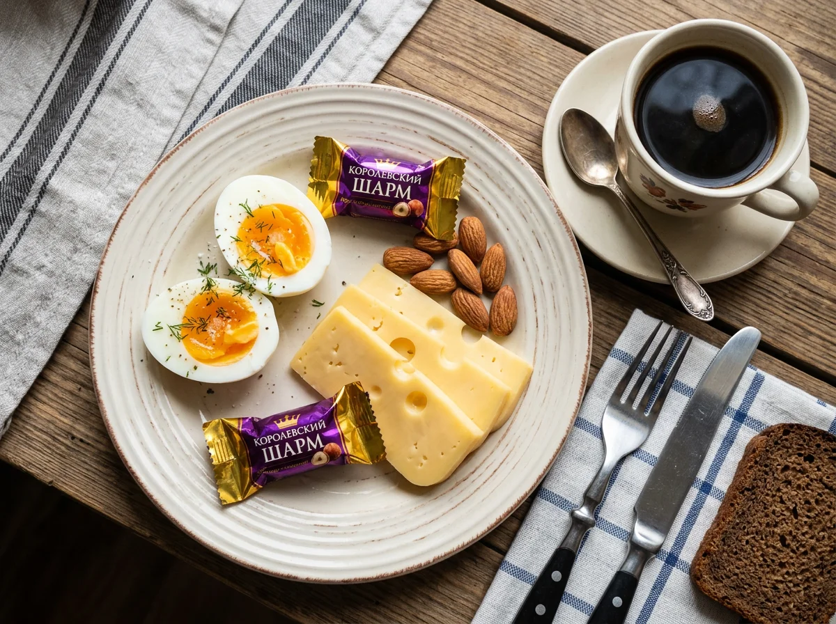 Завтрак с сыром, яйцами, миндалем и кофе photo