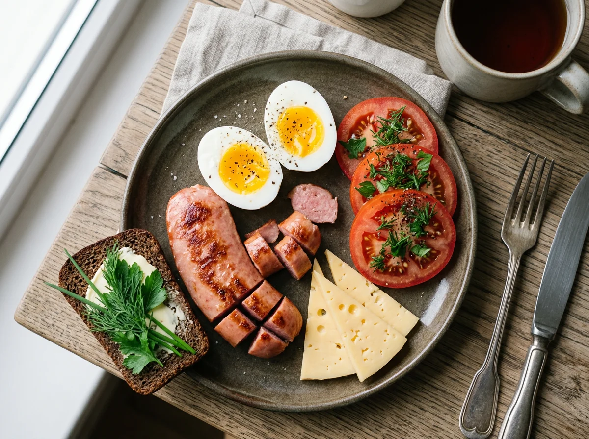 Завтрак с сыром, яйцами, помидорами и сосиской photo