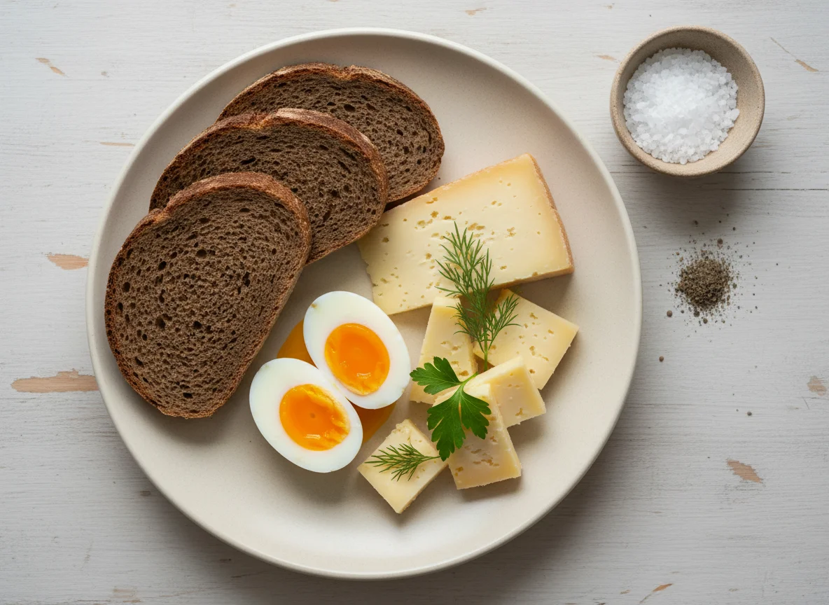 Завтрак с сыром, яйцом и хлебом photo