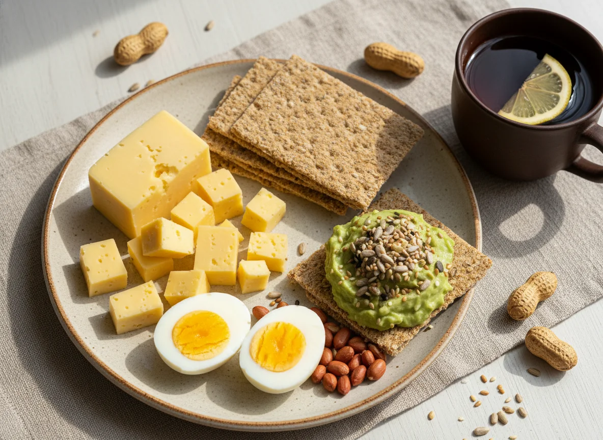 Завтрак с сыром, хлебцами, яйцом и чаем photo
