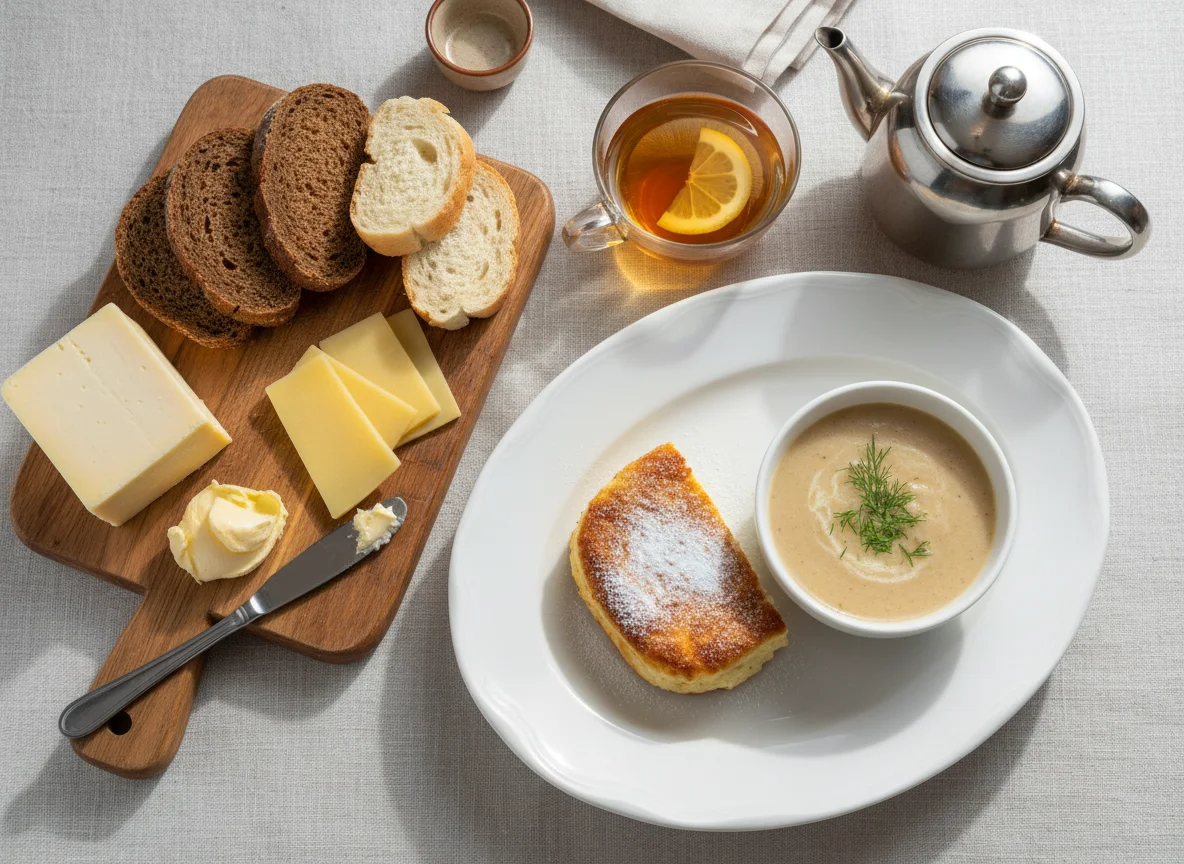 Завтрак с сыром, хлебом и запеканкой photo