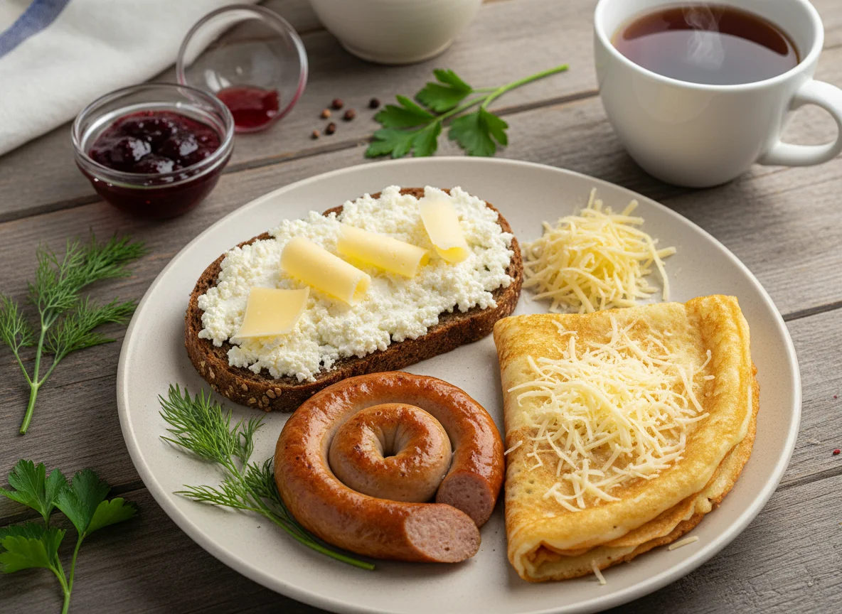 Завтрак с сыром, хлебом, сосисками и блином photo
