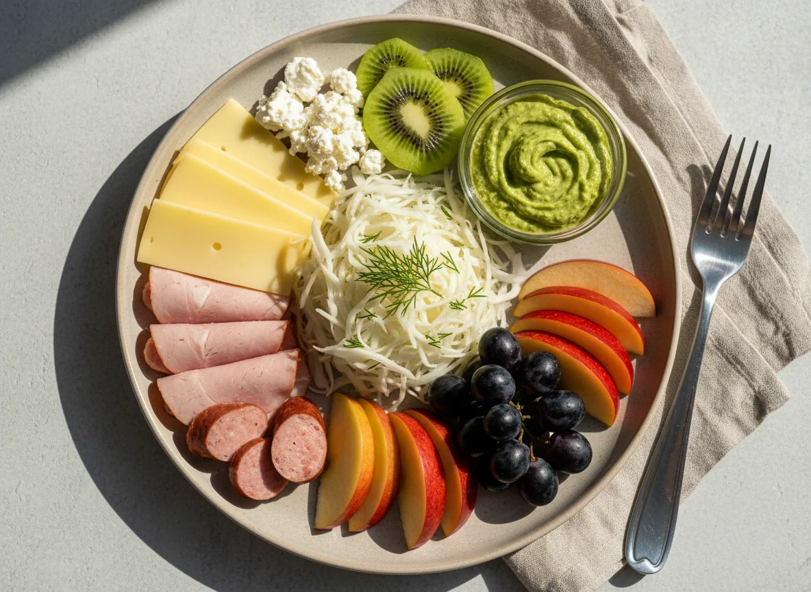 Завтрак с сыром, колбасой, капустой и фруктами photo