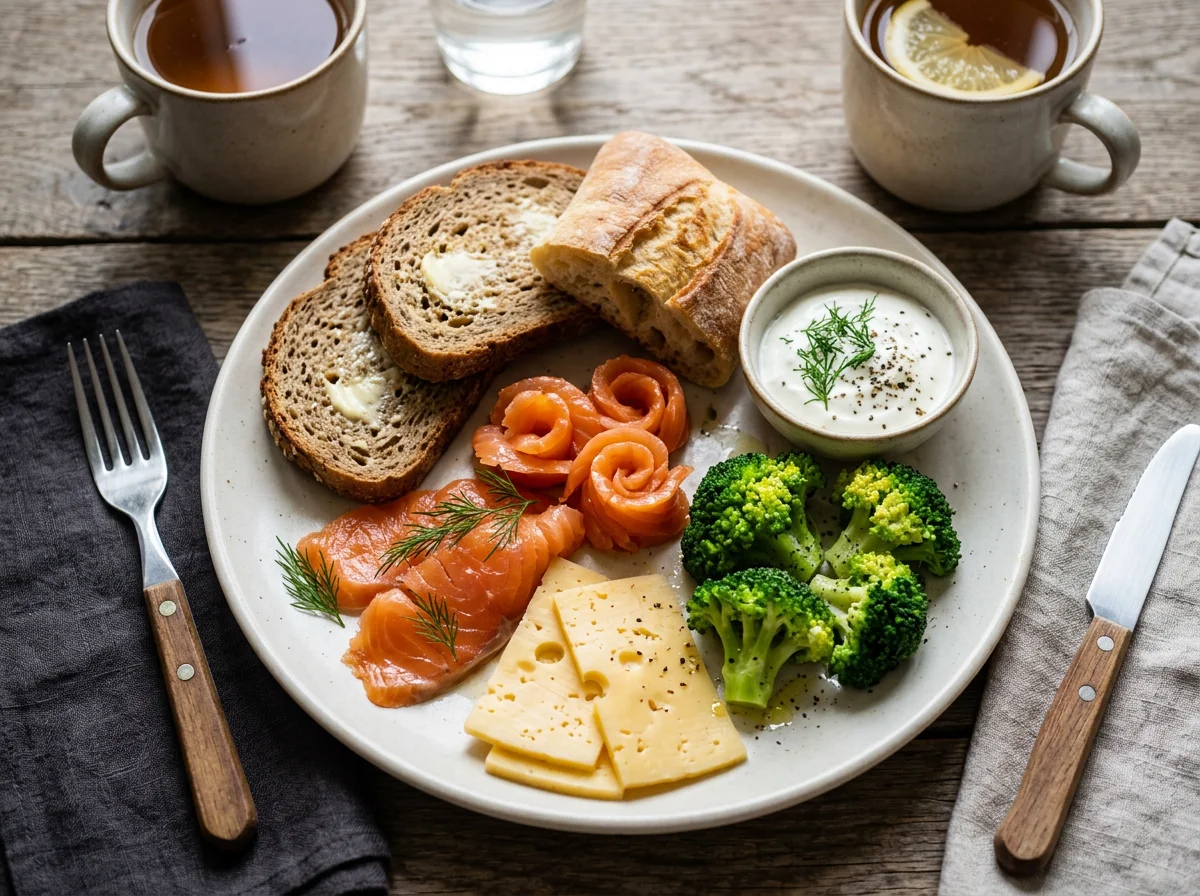 Завтрак с сыром, лососем, брокколи и хлебом photo