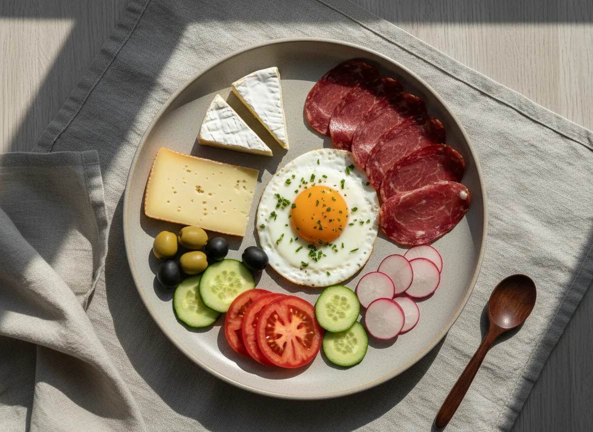 Завтрак с сыром, овощами и мясом photo