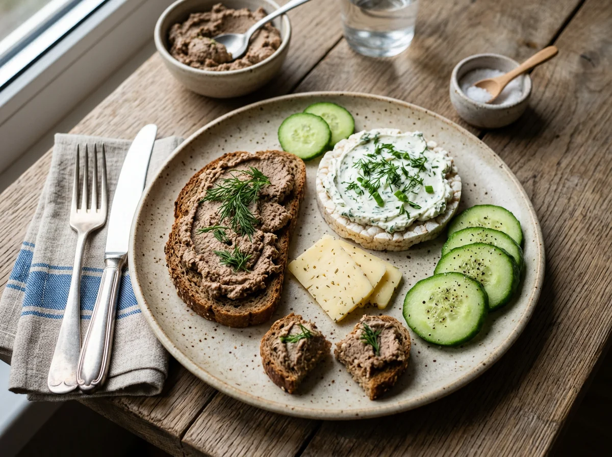 Завтрак с сыром, паштетом и огурцами photo