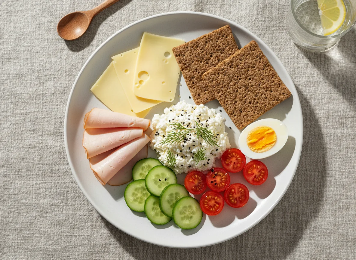 Завтрак с сыром, творогом и овощами photo