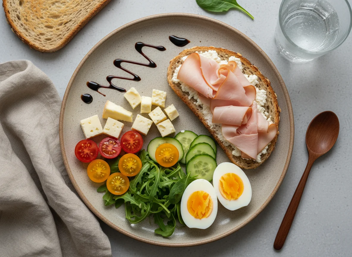 Завтрак с сыром, ветчиной и овощами photo