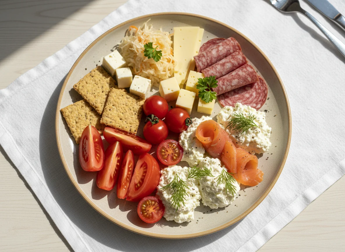 Завтрак с томатами, крекерами и закусками photo