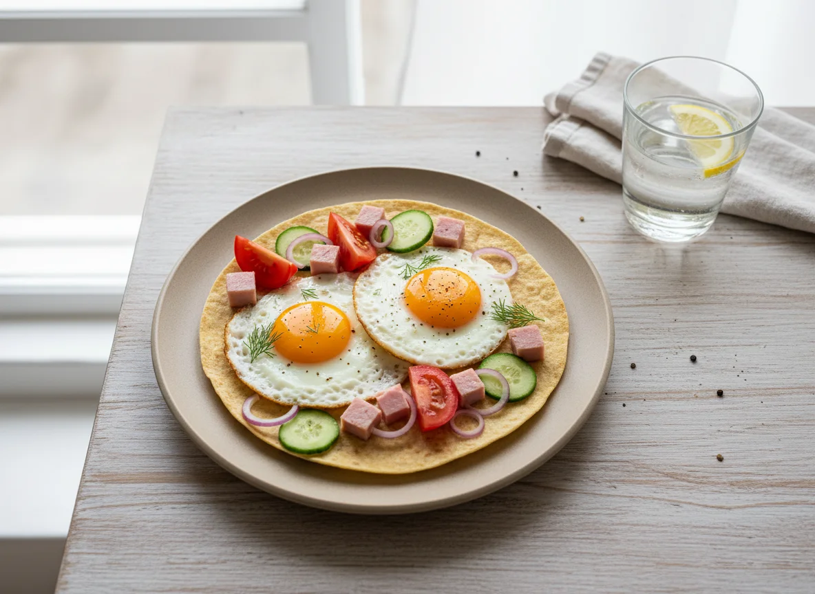 Завтрак с тортильей и яичницей photo