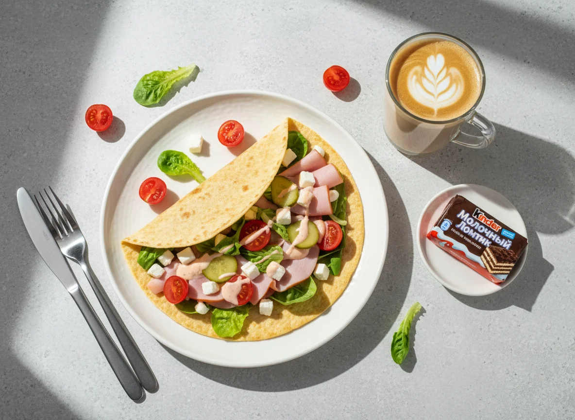 Завтрак с тортильей, кофе и молочным ломтиком photo