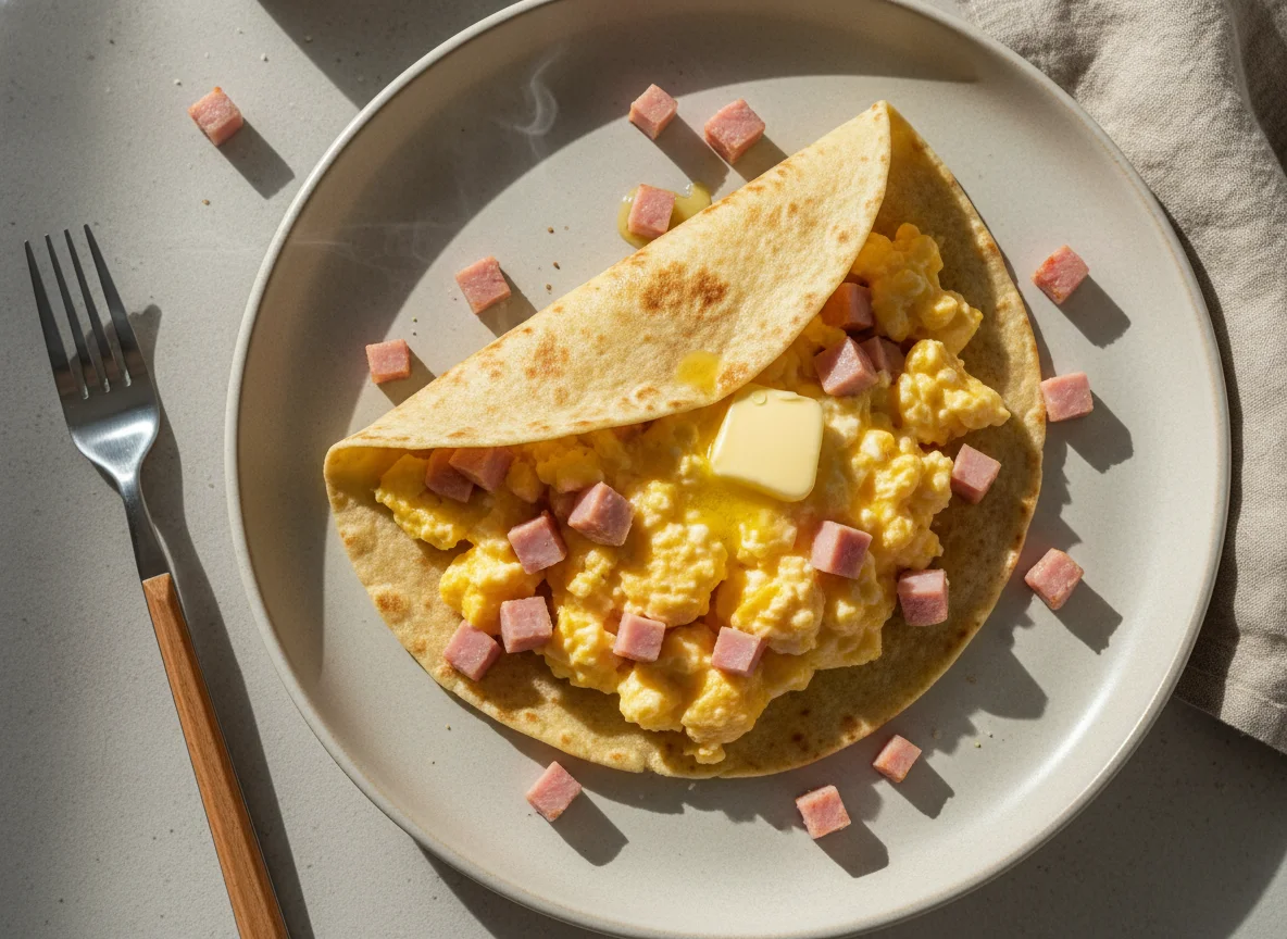 Завтрак с тортильей, ветчиной и яичницей photo