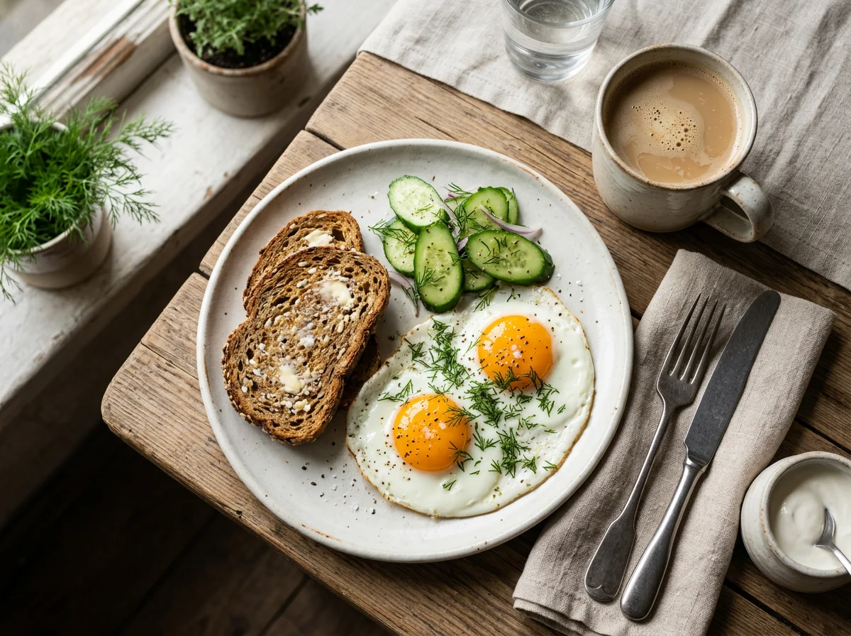 Завтрак с тостами, яичницей и овощами photo