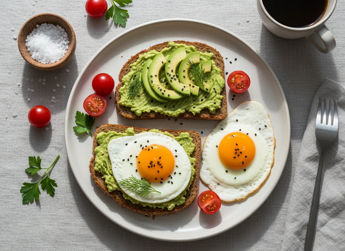 Завтрак с тостами, яйцами и авокадо photo