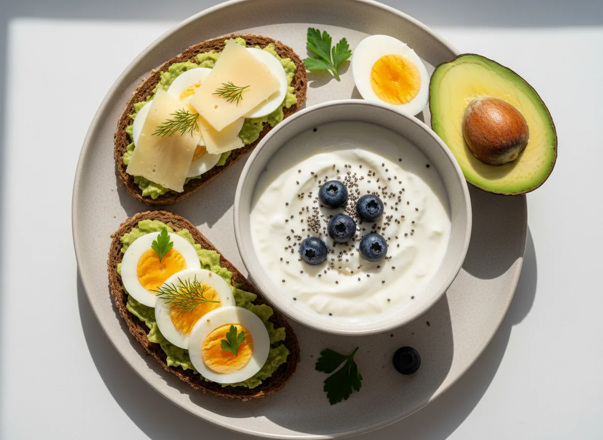 Завтрак с тостами, яйцами и йогуртом photo
