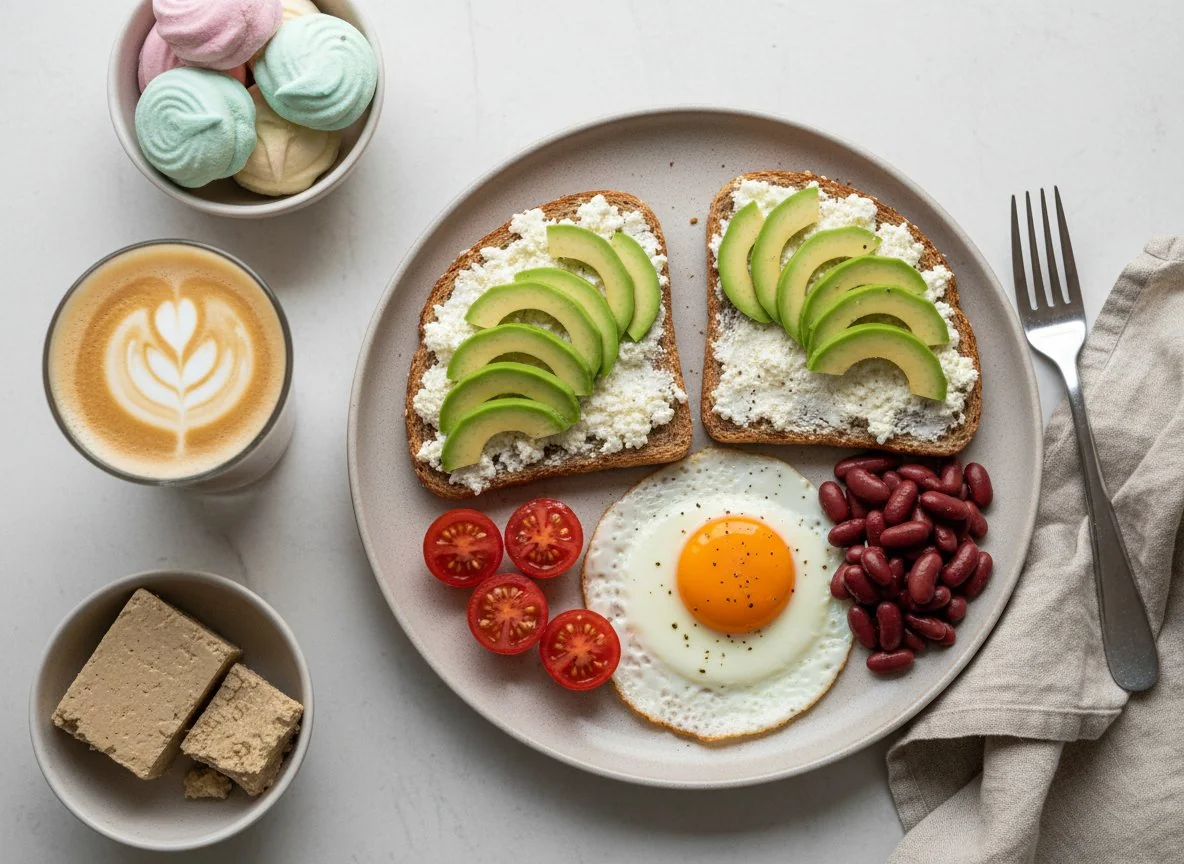 Завтрак с тостами, яйцами и кофе photo