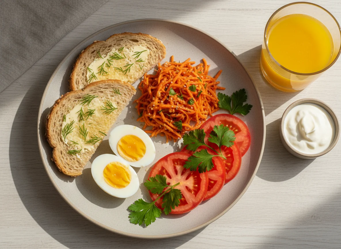 Завтрак с тостами, яйцами и овощами photo