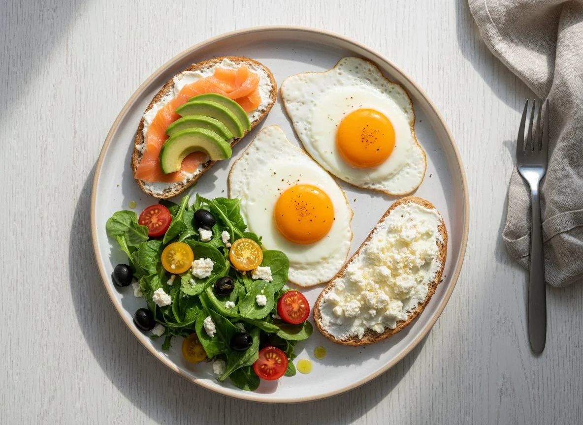 Завтрак с тостами, яйцами и салатом photo